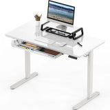 SHW-Adjustable Glass Desk with Monitor Riser and Drawer